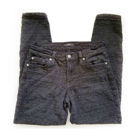 7 FOR ALL MANKIND CROPPED SKINNY BLACK ROYAL JACQUARD SIZE 27 - Picture 3 of 5